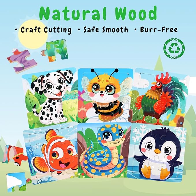 8 Pack Jigsaw Puzzles for Toddlers 1-2 3-6, 9 Piece Farm Animal Wooden Puzzles for Toddlers, Children Learning Educational Puzzles Toys for Boys Girls (Style 1)