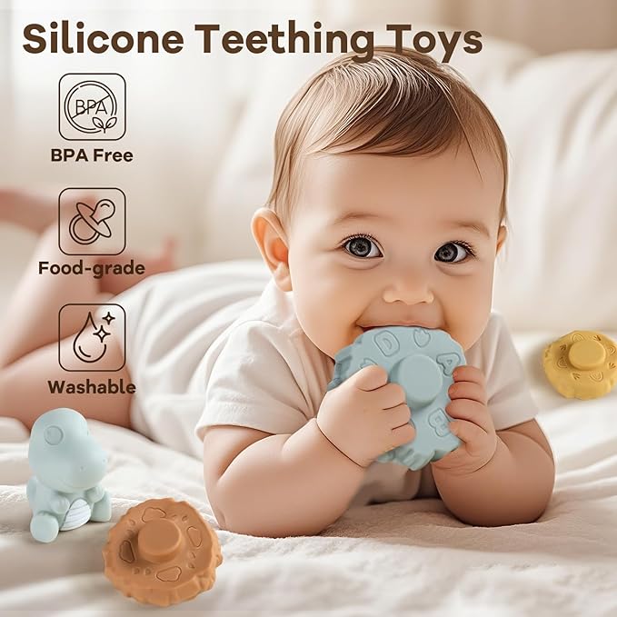 Stacking & Nesting Baby Teething Toy, 7 Pcs Soft Building Rings Stacker Toys with Dinosaur Figure, Newborn Essentials Sensory Learning Toys for 6+ Months Infant Toddler Boys Girls