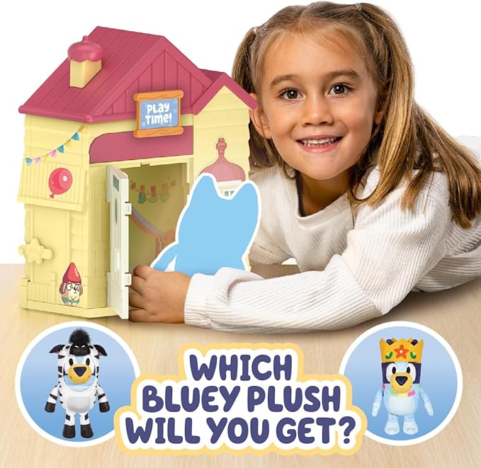 Bluey Play Date Plush Surprise, Decorate House with Stickers, Attach The Play Time Sign, Then Open The Door for a Surprise to Appear, Style May Vary