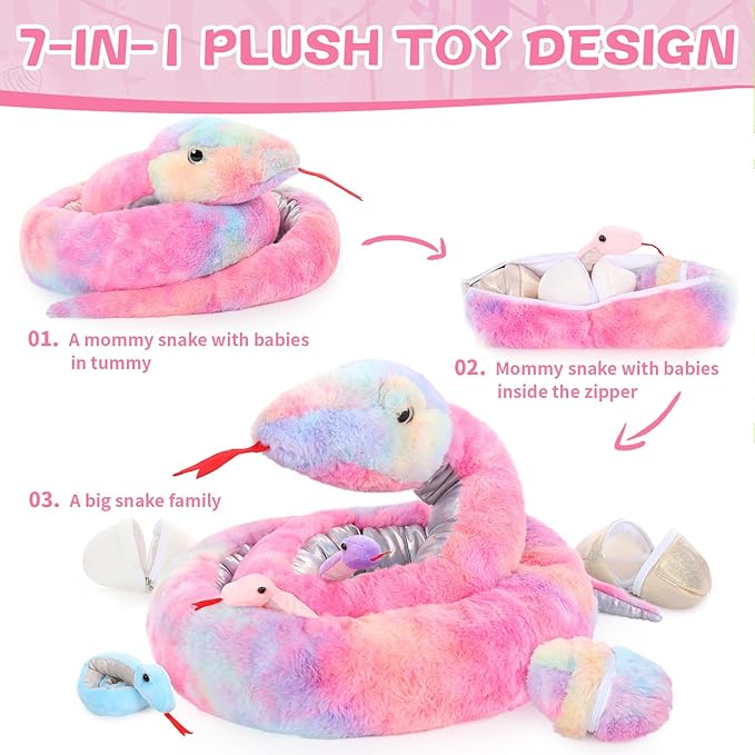 MaoGoLan 7Pcs Rainbow Snake Toys Stuffed Animals Bulk, Giant Plush Snake Mommy with 3 Babies & 3 Eggs Inside, Long Snake Plush Boa Constrictor for Kids Gifts Halloween Prank Props