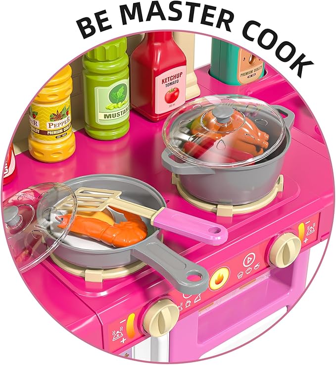 TEMI Pretend Food Kitchen Toys for Girls Age 3 4 5 6 7 8 - Kitchen Accessories Platset with Sound and Light, Cutting Food Toy, Pretend Play for Kids, Indoor Outdoor Cooking Set, Birthday Gifts 8-9