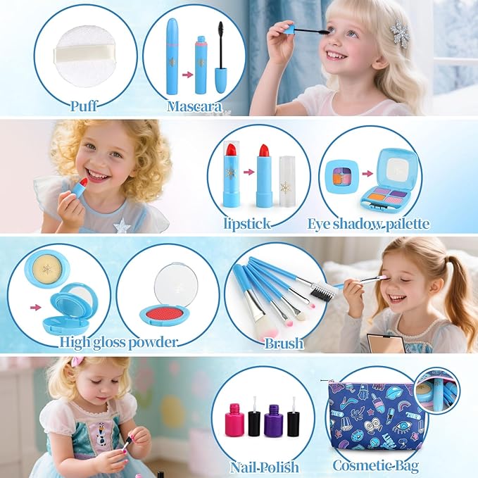 Toddler Girls Toys Pretend Makeup Kits - Fake Makeup Set for Kids 3 4 5 6 Year Old , Play Makeup Gift for Little Girls 3-5, Toddler Kit with Fake Make up Toy Birthday Gift (Blue)