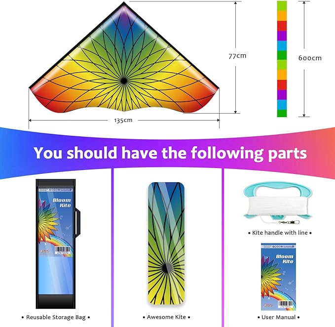 HONBO Large Delta Kite for Kids & Adults,Extremely Easy to Fly Kite for Beach Trip,String Line Included,with Colorful Tail,Perfect for Beginners