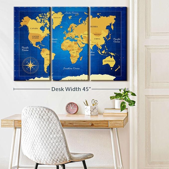ElephantStock Yellow Longitude World Map Multi Piece Canvas - 3 Panel Wall Decor - Map of the World Art - Canvas for the Office and Home - 45" X 28"