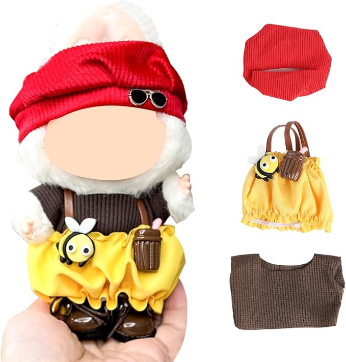 Doll Clothes for Labubu(NO Doll), for 17/15cm Plush Dolls, Clothing Suit Toy Figurine Outfit Set Dress Up with Kawaii Style Accessories, Multicolour Overall and Cute Hat or Headwear (LB90)