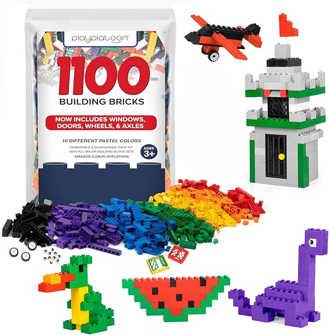 Play Platoon 1100 Pieces Building Bricks Set - 10 Classic Color Blocks - Bulk Building Blocks Compatible with Major Brands - 14 Different Shape Bricks - Includes Wheels, Tires, Axles, Windows & Door