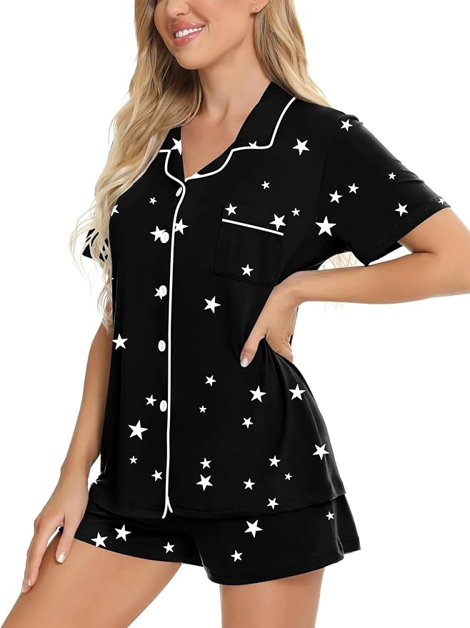 SWOMOG Womens Button Down Pajamas Set Short Sleeve Sleepwear Bride Soft Pj Lounge Sets XS-3XL