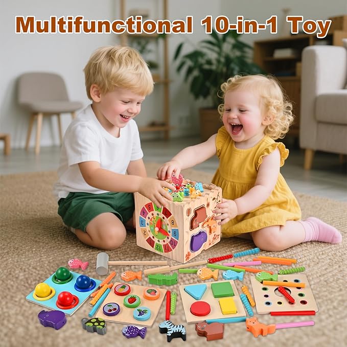 Wooderma Activity Cube, 10-in-1 Wooden Montessori Toys for Toddlers,Multipurpose Educational Sensory Toy for Baby, Preschool Learning Fine Motor Skills Game, First Birthday Gifts for 3 4 5 Year Old