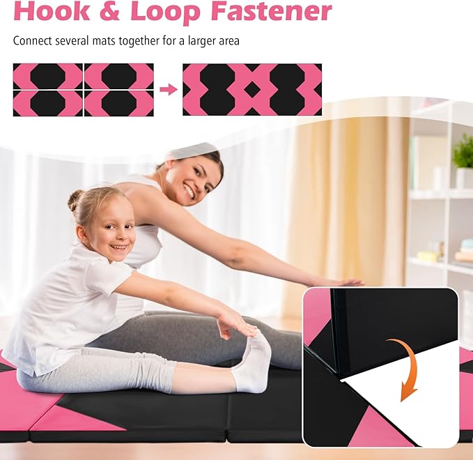 Giantex 4'x10'x 2" Gymnastics Mat, 4-Panel Folding Aerobics Exercise Mat w/Hook & Loop Fastener, Carrying Handle, Portable Tumbling Mat for Stretching Yoga Cheerleading Martial Arts