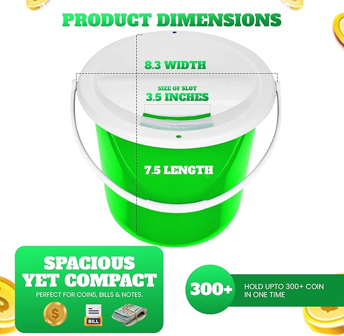 Plastic Coin Collection Bucket with Removable lid and Handle Charity Donation Collection Money Box Pail for Fundraising with top Slot for Tickets raffles and Money 7.5" Hx8.3 Diameter(Green) 4 Pack