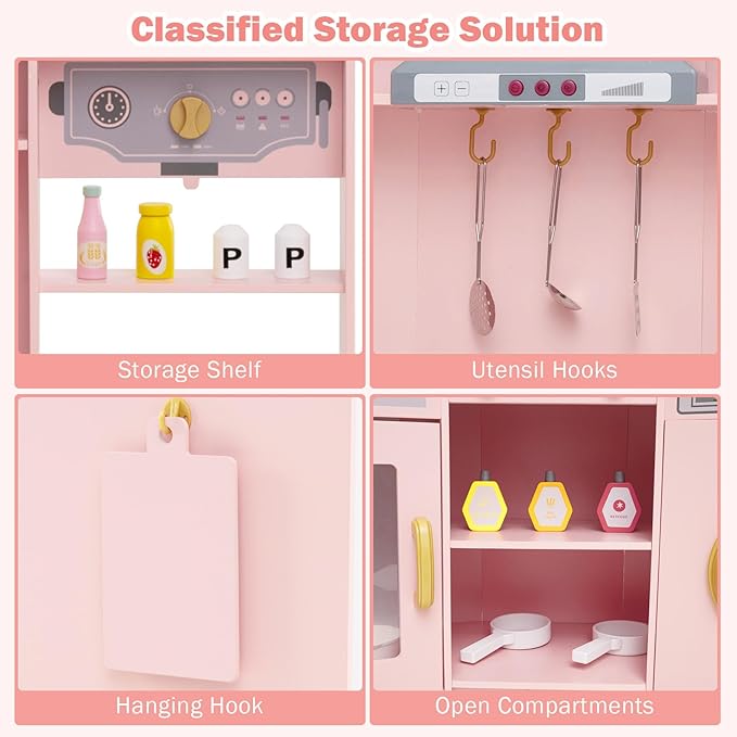 GLACER Corner Wooden Play Kitchen for Kids, Large Pretend Play Kitchen Playset with Sound, Light, Chalkboard, Microwave, Ice Maker, Washing Machine, Accessories, Toy Kitchen Set for Ages 3+ (Pink)