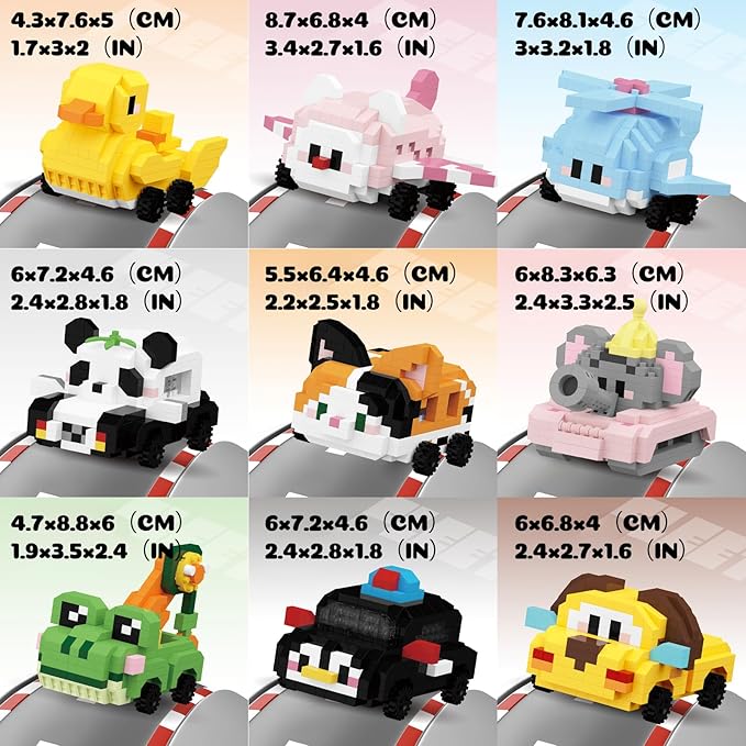 Fleet Mengmeng Mini Micro Building Blocks Set - 9 Cute Animal & Vehicle Models, Ideal Party Favor for Kids, Fun Building Blocks for Adults