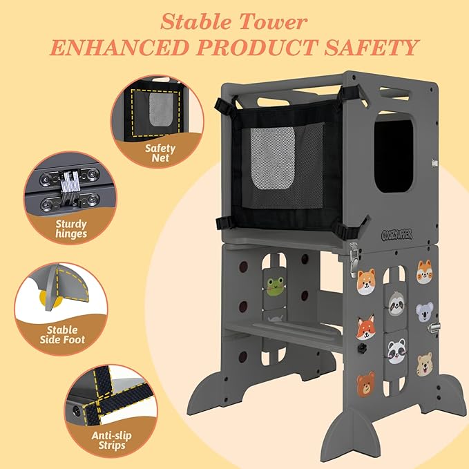 Toddler Kitchen Stool Helper, CPC Certified Foldable Toddler Tower, Learning Wooden Tower with Support Feet and Chalkboard, Anti-Drop Structure, Safe Design for Kids, Grey
