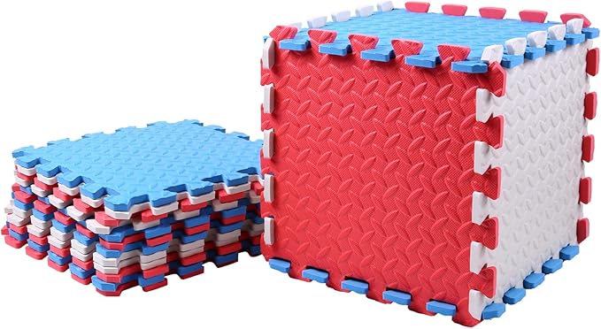 Foam Play Mat for Baby, 0.4 Inch Thick Foam Interlocking Floor Mats, Soft Non-Toxic Baby Playmat, Solid Colored Puzzle Play Mat Kids Floor Mats for Toddler, 16 Tiles(White/Red/Blue)