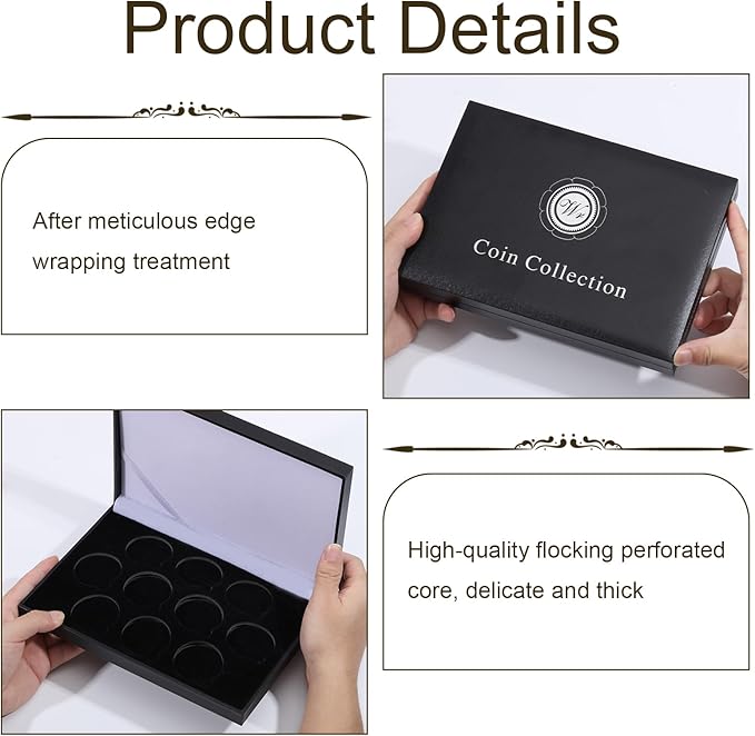 Coin Display Case PU Black Velvet Display Coin Box 45mm Challenge Coin Storage Presentation Box for Commemorative Coins Medals, 10 Slots