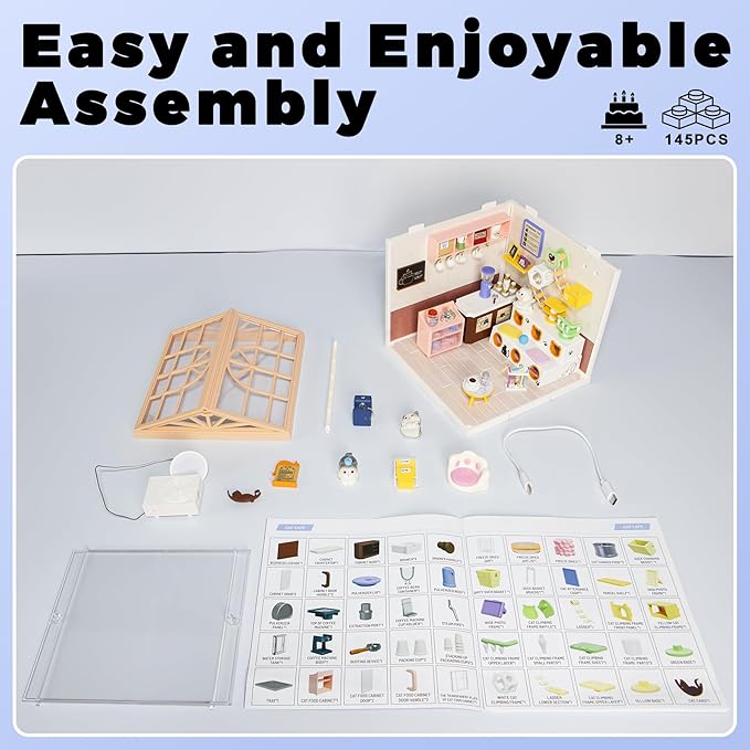 DIY Miniature House Kit Plastic House Building Toy Set with Roof & 2 Doors, Mini Dollhouse Kit with LED for Mini Figures Construction Toys Diorama Kit Gifts for Teens Adults (Happy Cat Pet)