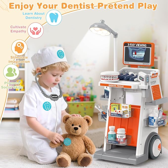 Dreamon Doctor Kit for Todders 3-5 Pretend Play Toys - 29 Pcs Kids Dentist Cart Play Set with Light and Costume - Role Play Medical Toy for 3+ Year Old Boys and Girls Christmas Birthday Gifts