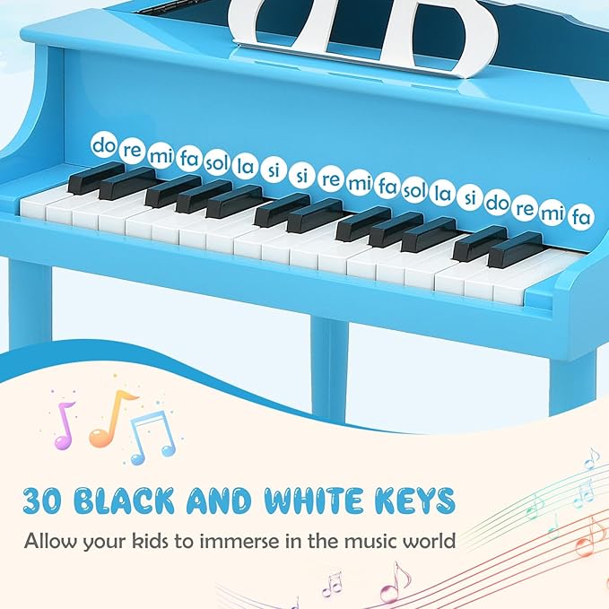 Goplus 30-Key Classical Kids Piano, Mini Grand Piano Wooden Learn-to-Play Musical Instrument Toy with Bench, Piano Lid, Music Rack, Gift for Boys Girls Aged 2+ Baby Toddler (4 Straight Leg-Blue)