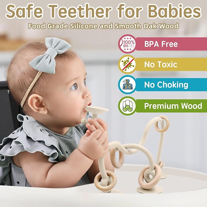 Baby Sensory High Chair Suction Toys for Infant Toddlers 6 12 18 24 Months, Food Grade Silicone String with Oak Loop Montessori Educational Baby Bath Toy Gifts (Beige)