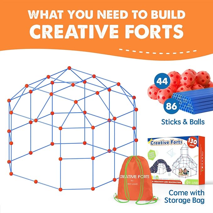 Tiny Land Fort Building Kit Creative Fort Indoor Outdoor for 5,6,7,8 Years Old Boys and Girls STEM Building Toys with Storage Bag DIY Castles Tunnels with 86 Rods and 44 Balls