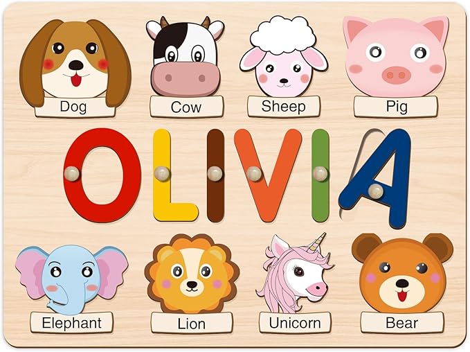 Personalized Name Puzzle for Kids, Wooden Name Puzzle for Toddlers 1-3, Custom Baby Gifts, Educational Montessori Toys for Learning Alphabet, Animals, First Birthday Gifts for Boys Girls
