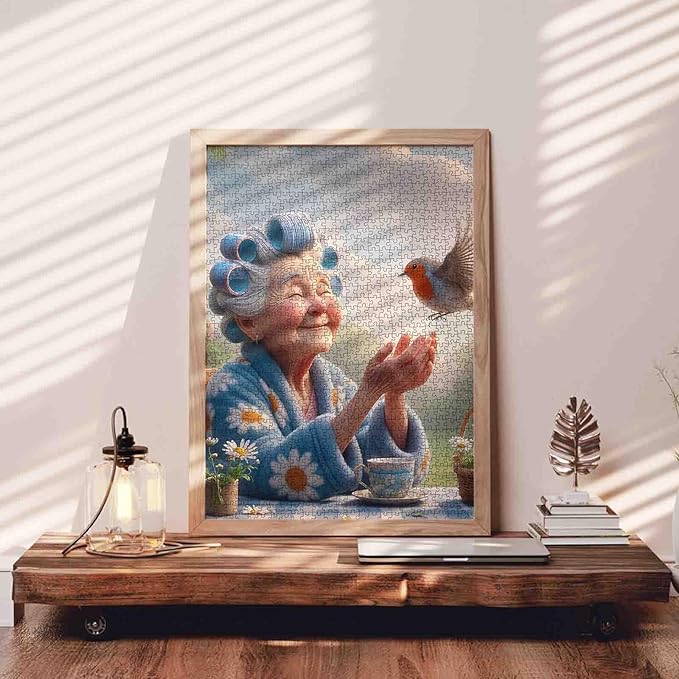Grandma with Bird and Tea Jigsaw Puzzles for Adults 1000 Pieces Garden Scene DIY Puzzles for Challenging Family Activity Games Elderly Lady Art Jigsaw Puzzles Home Wall Decor Craft Gifts 20x27 Inches