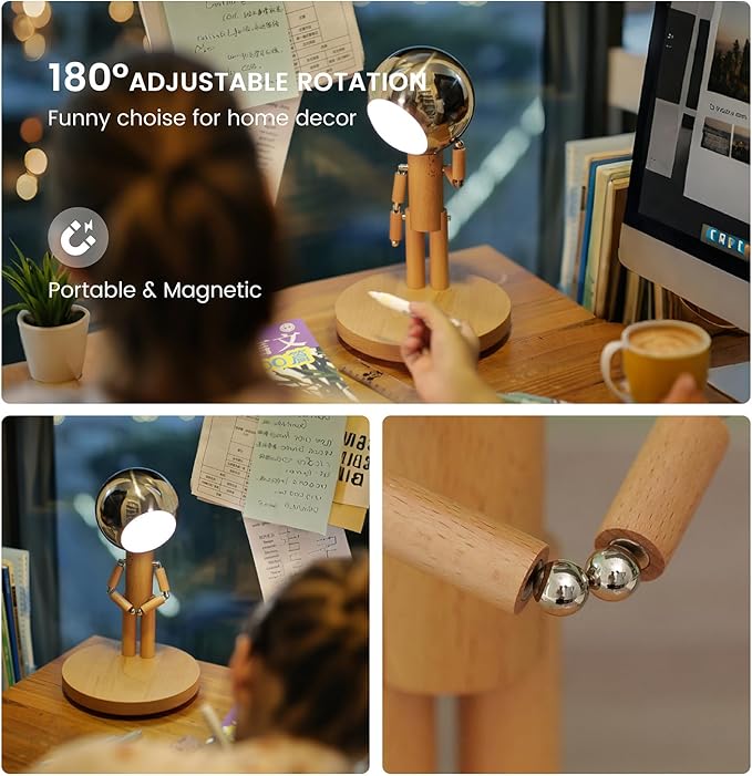 Pause Moon Lamp, Creative Wood LED Desk Lamp, Unique Decorative Lighting for Bedroom, Lamps for Night Stands, Rechargeable Cordless Lamp Office & Gift, Beech Wood