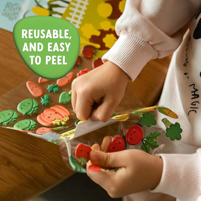 Reusable Sticker Book for Toddlers 1-3, Puffy Stickers, Eco-Friendly, Educational, Fruit & Vegetable Theme, Sensory Play, Durable, Non-Toxic, Vibrant Colors, Fine Motor Skills