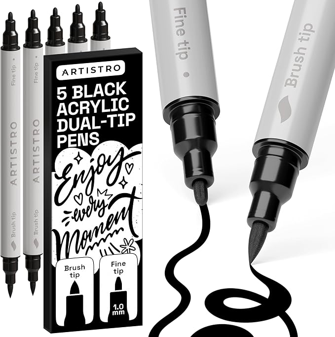 ARTISTRO 5 Black Dual Tip Brush + Fine Acrylic Paint Pens Ideal for Calligraphy - Paint Markers for Fabric, Rock, Glass, DIY - Stocking Stuffers, Christmas Gift Idea for Teens, Grandkids, Kids
