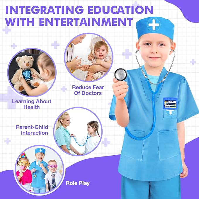 Doctor Kit for Kids, 17 Pcs Medical Play Set with Bag and Dress Up Costume for Toddlers 3-5, Pretend Play Toys for Boys Girls, Halloween Christmas Birthday Gifts