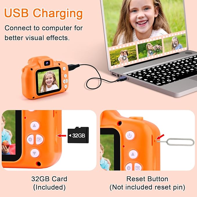 GKTZ Toys for Girls Age 3-8, Kids Camera Digital Video Toddler Camera Children Camcorder Birthday Gifts for 3 4 5 6 7 8 Year Old Girls with 32GB SD Card (Orange)