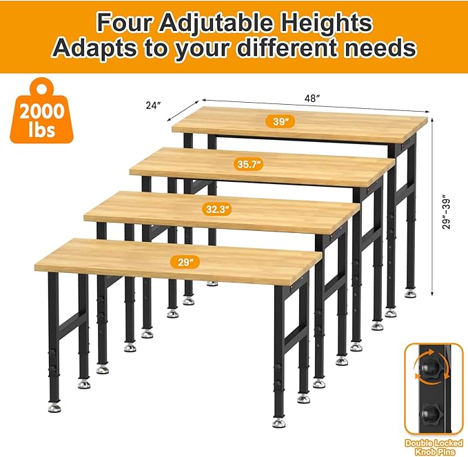 48" Adjustable Workbench for Garage, Solid Wood Top Work Bench for Garage, 2000 LBS Heavy-Duty Worktable with Power Outlets, Portable Work Station for Repair Shop, Workshop, Office