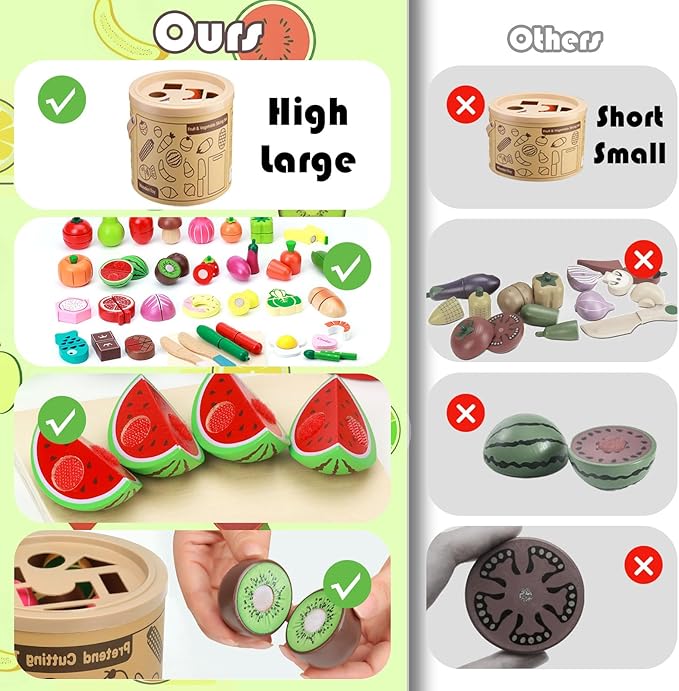 Play Kitchen Accessories, Wooden Play Food, Pretend Kitchen Cutting Fruit Vegetables Toys for Toddlers 3+ Years with Basket, Educational Toddler Toys for Fine Motor Skills, Gift for Boys Girls