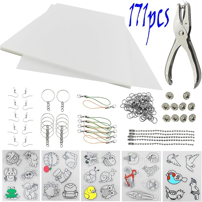 AncBace Heat Shrink Plastic Sheets Shrink Film Papers Kit Patterned Sheets Frosted Shrink Paper Sheet 171 PCS DIY Ornaments Keychains Making for Creative Art and Craft (8 x 5.7inch)