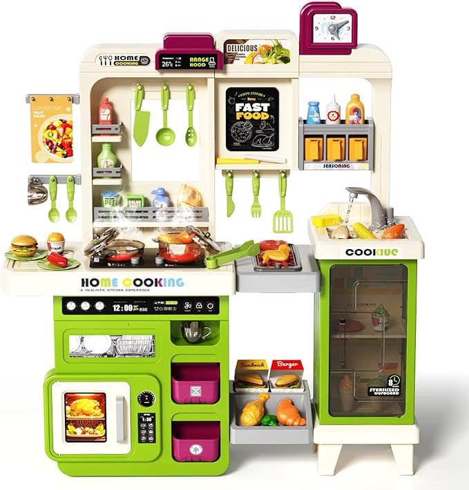 Kids Kitchen Playset, Play Kitchen with Electric Stove, Grill, Sink, Play Food, ToyKitchen Accessories, Kitchen Interactive Play with Lights Sound Steam, Cooking Toys for Toddler Kid Gifts