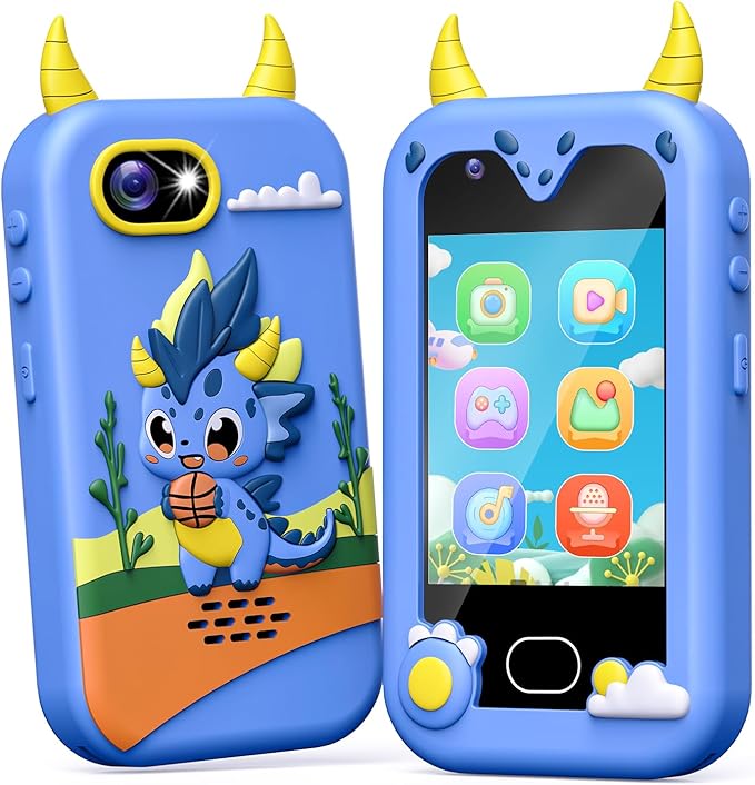 Lapare Kids Smart Phone Toys, 2.8'' Touchscreen HD Dual Camera Cell Phone for Kids, Birthday Gifts Dinosaur Toddler Play Phone for Boys 3-10, Travel Learning Toy with 32GB SD Card(Blue)