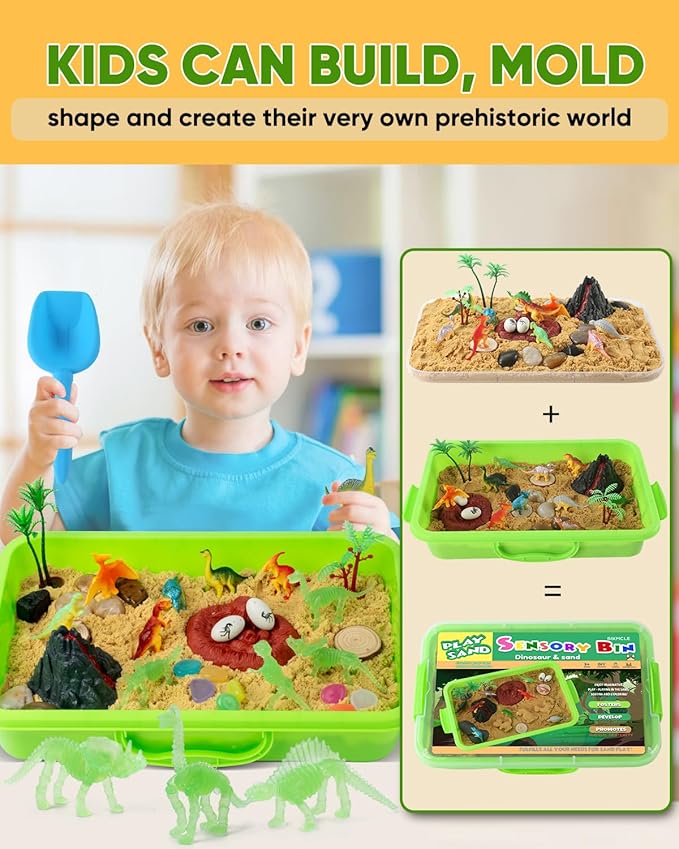 Dinosaur Sensory Bin Toy for Toddlers and Play Sand Set for Kids Include Glow in The Dark Dinosaur Ages 3-6+