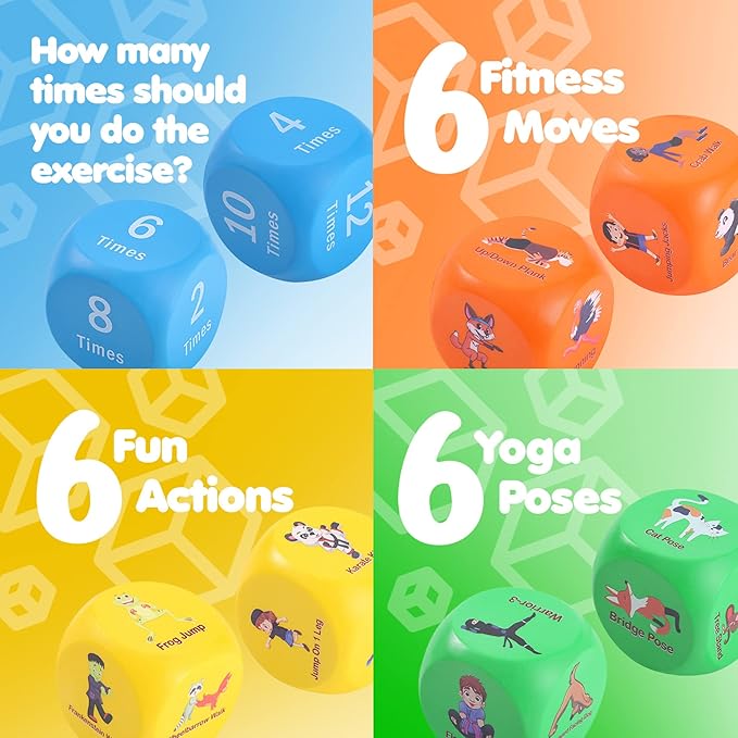 Fun Fitness Dice for Kids - Children's Workout Dice and Yoga Dice Set - Fitness Exercise Dice Game with Kids Yoga Poses - Childrens Foam Exercise Dice, Great Kids Exercise Equipment - Kids Ages 3+