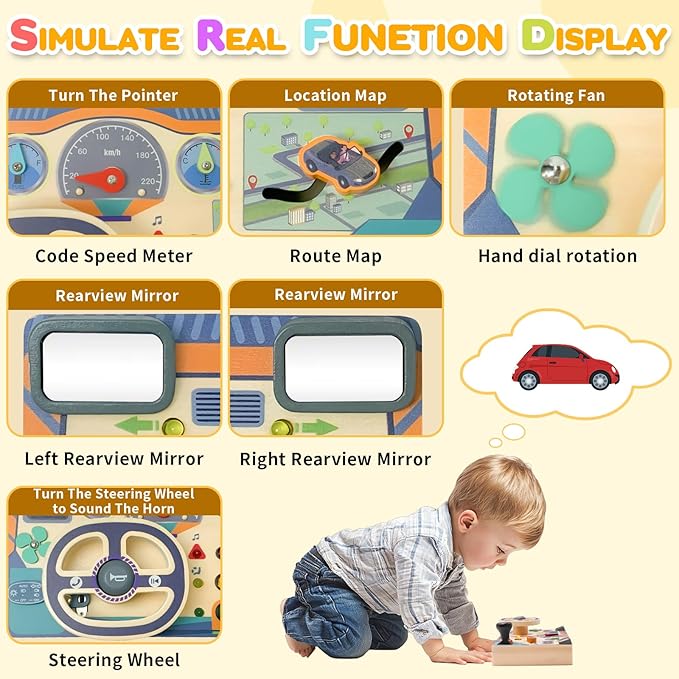 Montessori Toddler Toys Busy Board with Led Light Interactive Wooden Dashboard Steering Wheel for 1 2 3 4 Year Old Sensory Toys Toddler Activities for Boys Girls Gift