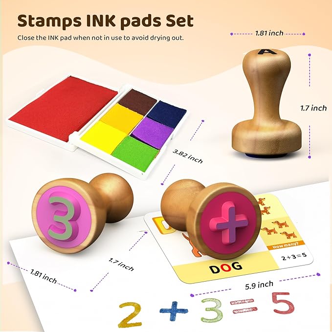‌Wooden Alphabet & Number Stampers Set with 7-Color Ink Pad | ABCs 123s Learning Stamps & Flashcards | Preschool Homeschool Classroom Supplies Gift for Ages 3+