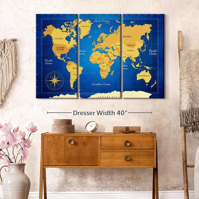 ElephantStock Yellow Longitude World Map Multi Piece Canvas - 3 Panel Wall Decor - Map of the World Art - Canvas for the Office and Home - 50" X 32"