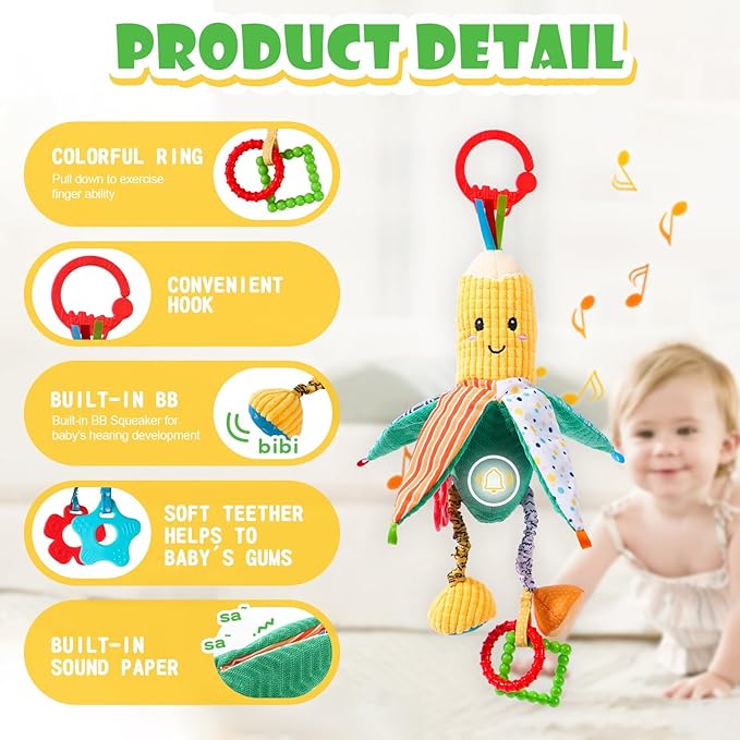 Hanging Rattles Crib & Car Seat Toys for Babies 0-12 Months with Crinkle, Squeaky & Teether, Sensory Corn Soft Stuff Stroller Toys for Newborns, Boys Girls Gifts
