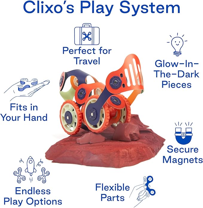 Clixo Mars Rover Pack - Glow-in-The-Dark Wheels Magnetic Building Toy - 30 Flexible Magnet Pieces for Galactic Exploration & Adventure. Award-nominated STEM Toy. Kids Gift & Travel. Ages 6+ [New]