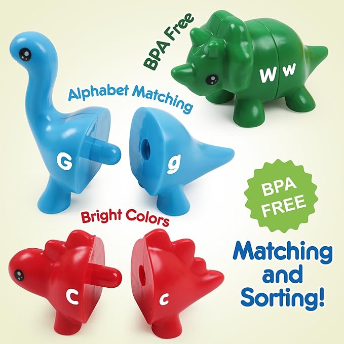 Alphabet Dinosaurs Matching Letters Toy, 26 PCS Double-Sided ABC Dinosaur with Uppercase Lowercase, Match and Snap Fine Motor Game Preschool Learning Toys Gifts for Kids Back to School Goodies