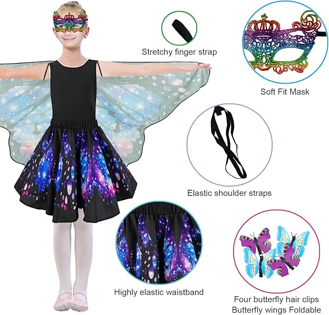 Butterfly Costume for Girls Fairy Wings Kids 4 Pcs(Cape,Skirts,Masks,Hair Clips) Butterfly Wings for Halloween Gifts
