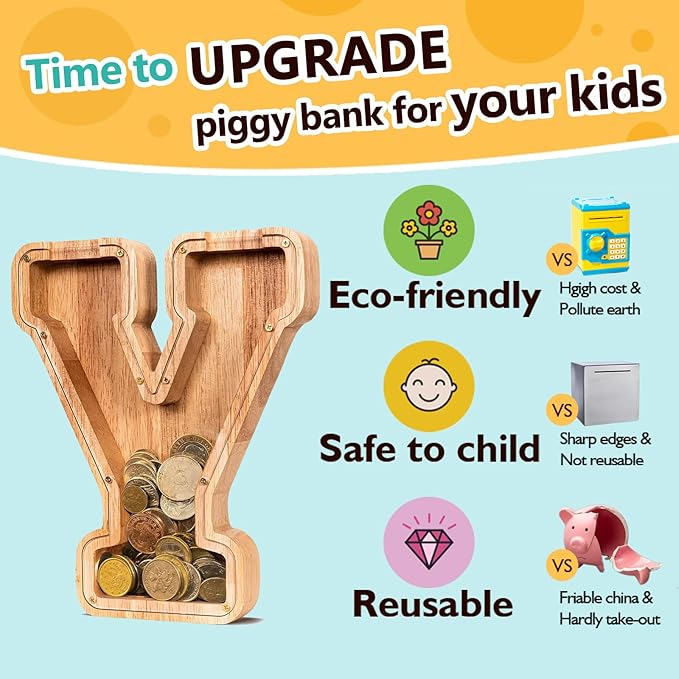 SummiDate Wooden Letter Piggy Bank| Piggy Bank for Boys Girls Toddler| Alphabet Y Money Bank| Coin Bank Birthday Gift for Kids|Birthday Gift for Kids (Y)