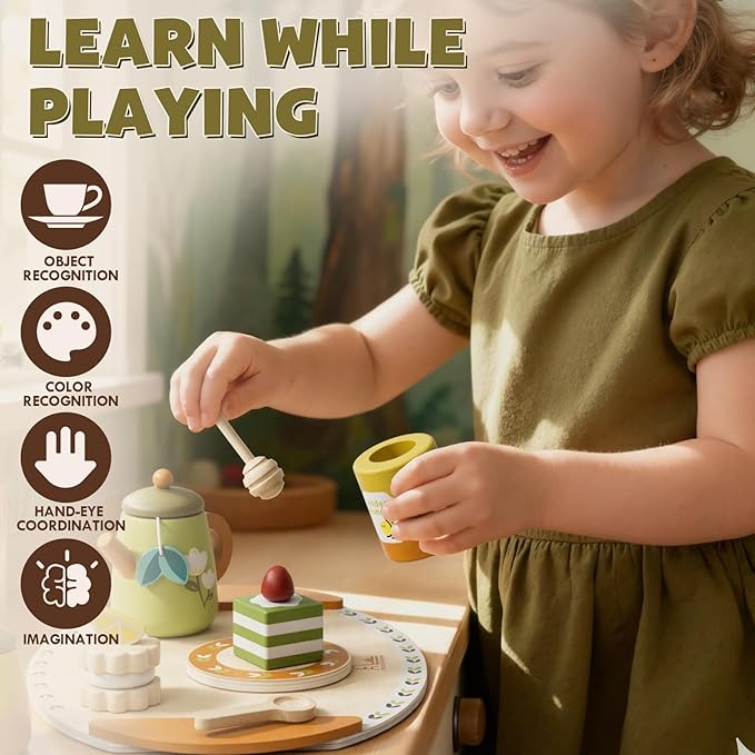 Timber Lulu Tea Sets for Toddlers 3-5, Wooden Play Food Set for Kids, Forest Tea Party Pretend Play for Toddlers 3-5, 4 Year Old Girl Birthday Gifts, Kids Kitchen Accessories