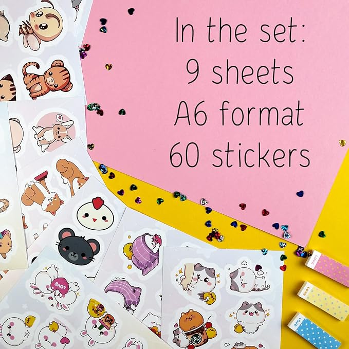 BulbaCraft Kawaii Animal Stickers - Cute Decals for Water Bottles – Cartoon Animal Stickers - Cute Japanese Kawaii Decals, Gifts for Women & Men