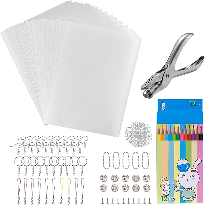 Heat Shrink Plastic Sheets Keychain Kit, 188Pcs Shrinky Dink Sheets Shrinky Dink Paper Shrink Art Kits for Kids Including 20Pcs Shrink Paper Sheets, Hole Punch, Pencils, Keychains for Crafts