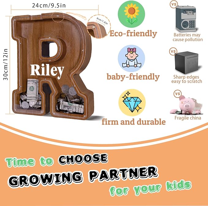 Wooden Letter Piggy Bank for Kids Larger Letter Piggy Bank for Boys and Girls Personalized Piggy Bank Initial Coin Bank Wood Kids Money Bank for Birthday and Festival